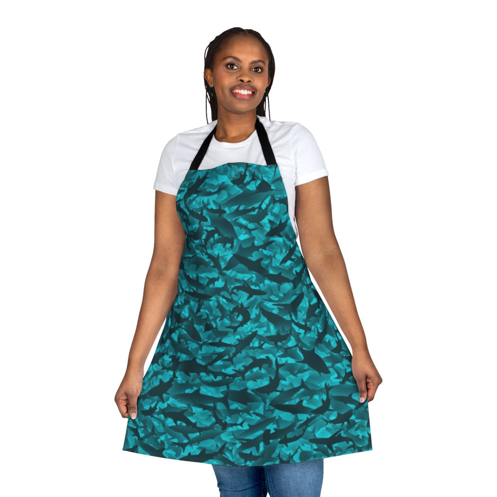 Apron featuring a realistic shark print design, perfect for the ocean or marine life enthusiast.