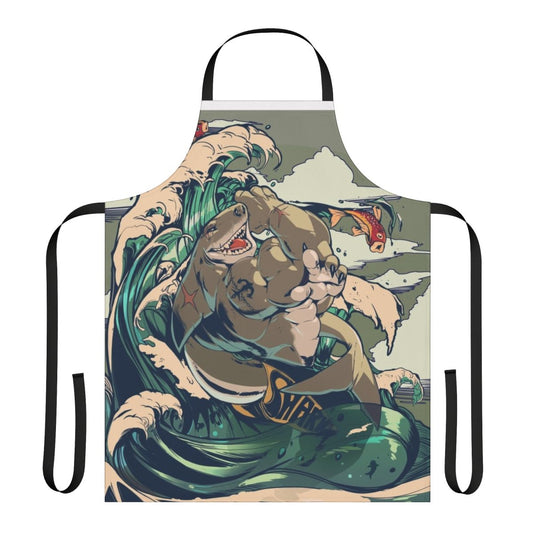 Photo of an apron featuring a muscular shark-like creature standing in a pond