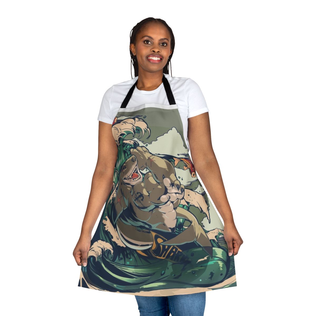 Photo of an apron featuring a muscular shark-like creature standing in a pond