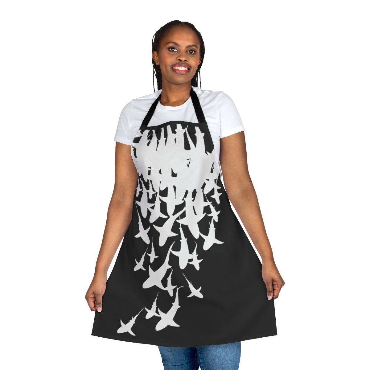Sharks-themed apron with a vibrant underwater ocean and sea life pattern