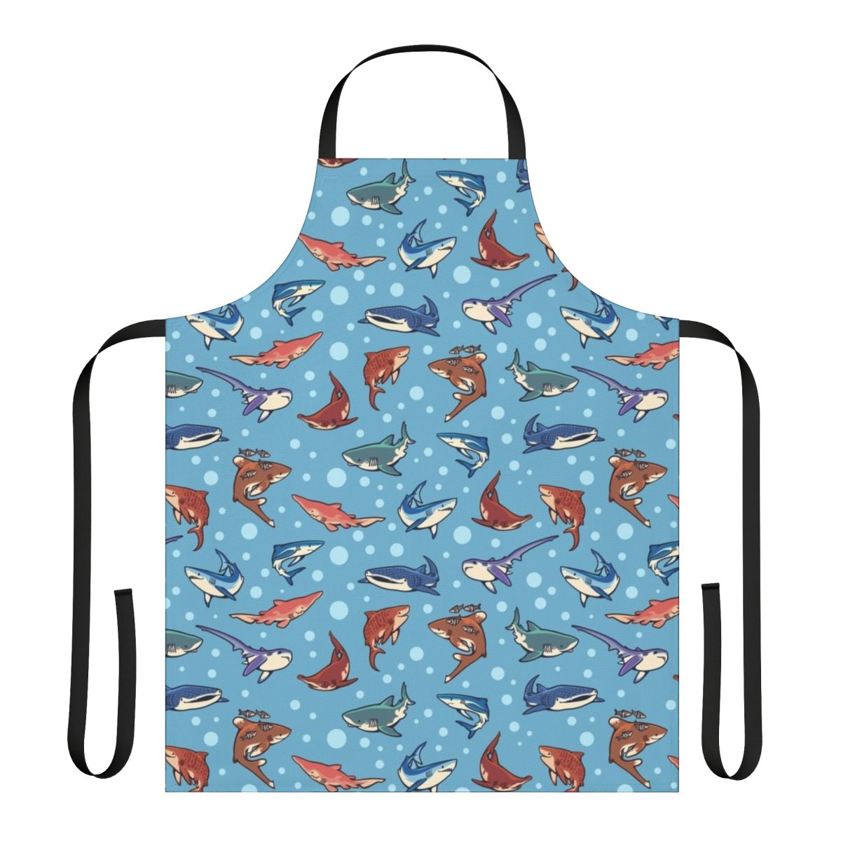 Apron featuring a vibrant pattern of various shark species in shades of blue