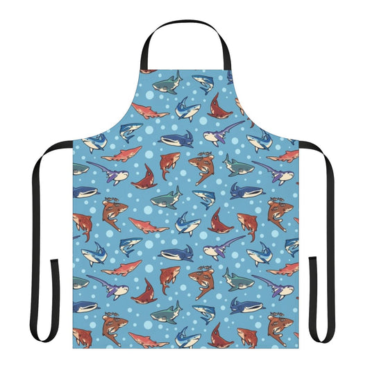 Apron featuring a vibrant pattern of various shark species in shades of blue