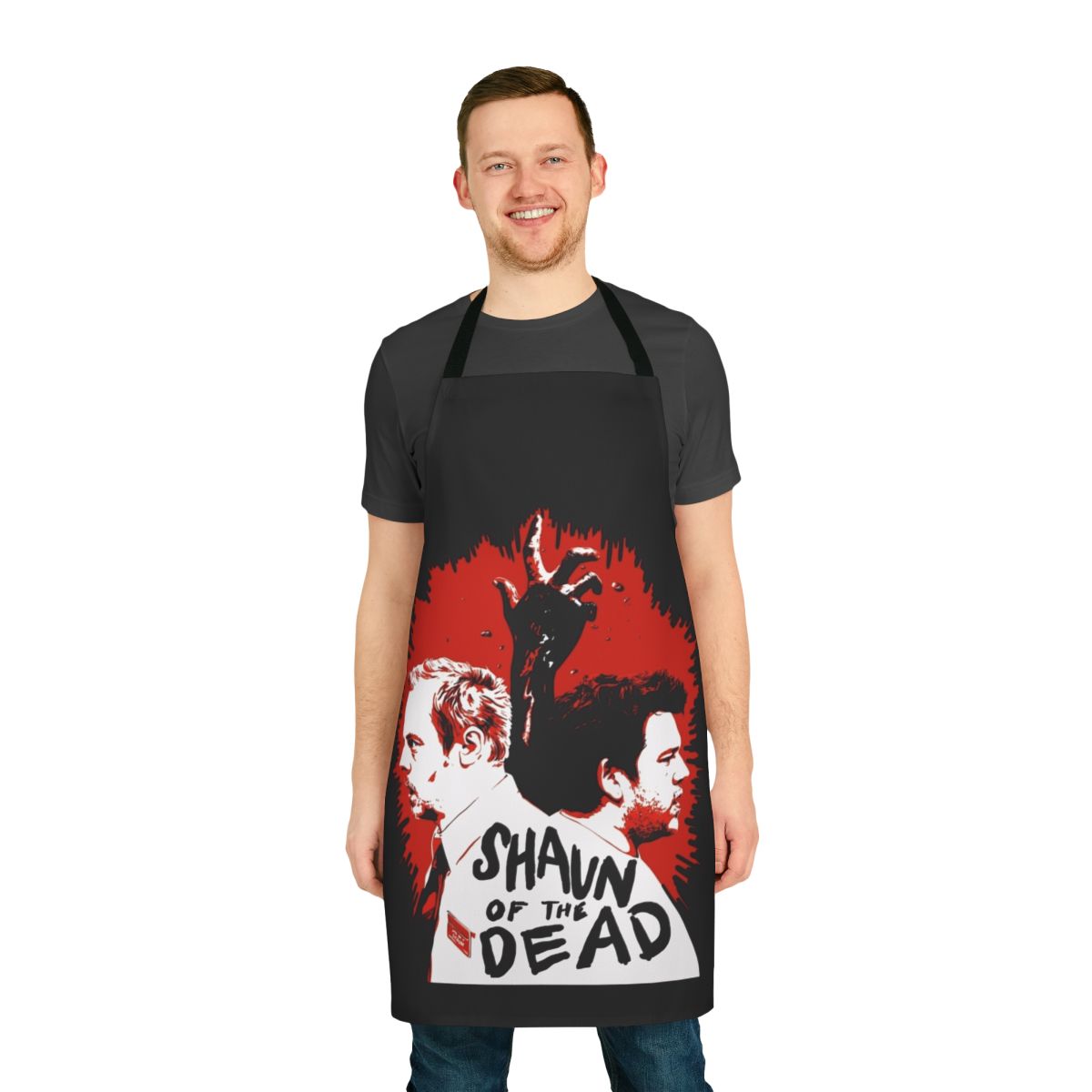 A black apron featuring the iconic Shaun of the Dead movie poster design, perfect for fans of the Edgar Wright and Simon Pegg horror comedy film.
