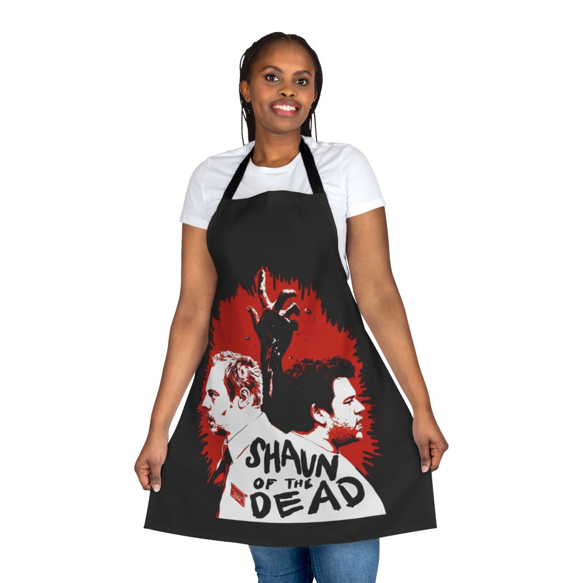 A black apron featuring the iconic Shaun of the Dead movie poster design, perfect for fans of the Edgar Wright and Simon Pegg horror comedy film.