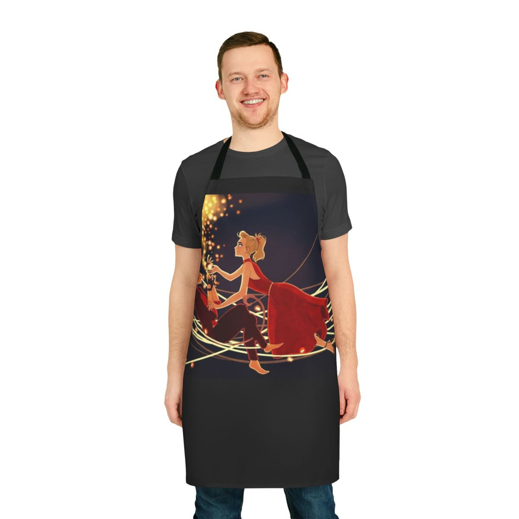 Image of a white and pink apron with a flared design, featuring illustrations of the characters Catra and Adora from the Netflix series She-Ra and the Princesses of Power.