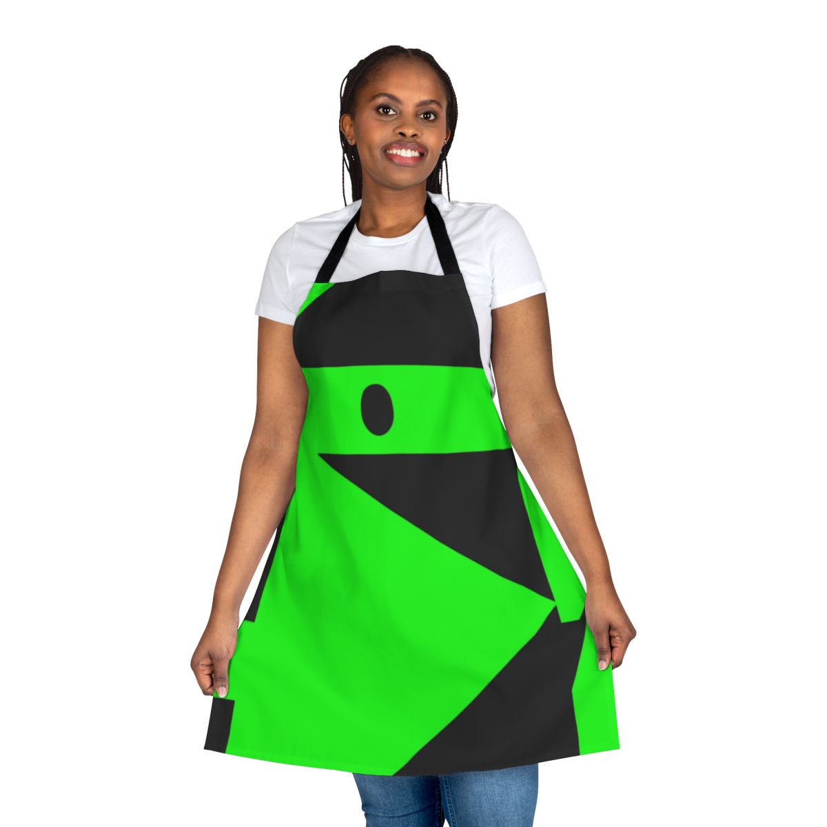 A green and black apron with the Shego logo, perfect for a Kim Possible-themed Halloween costume.