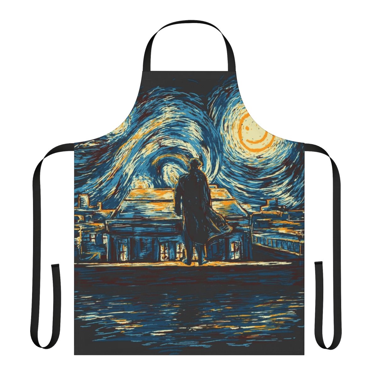 Sherlock-themed apron featuring a starry night design inspired by the artwork of Van Gogh