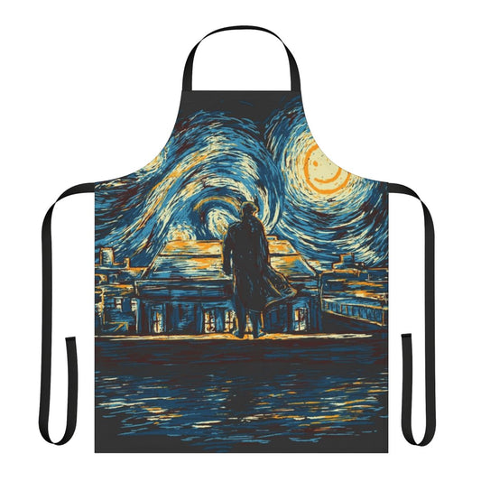 Sherlock-themed apron featuring a starry night design inspired by the artwork of Van Gogh