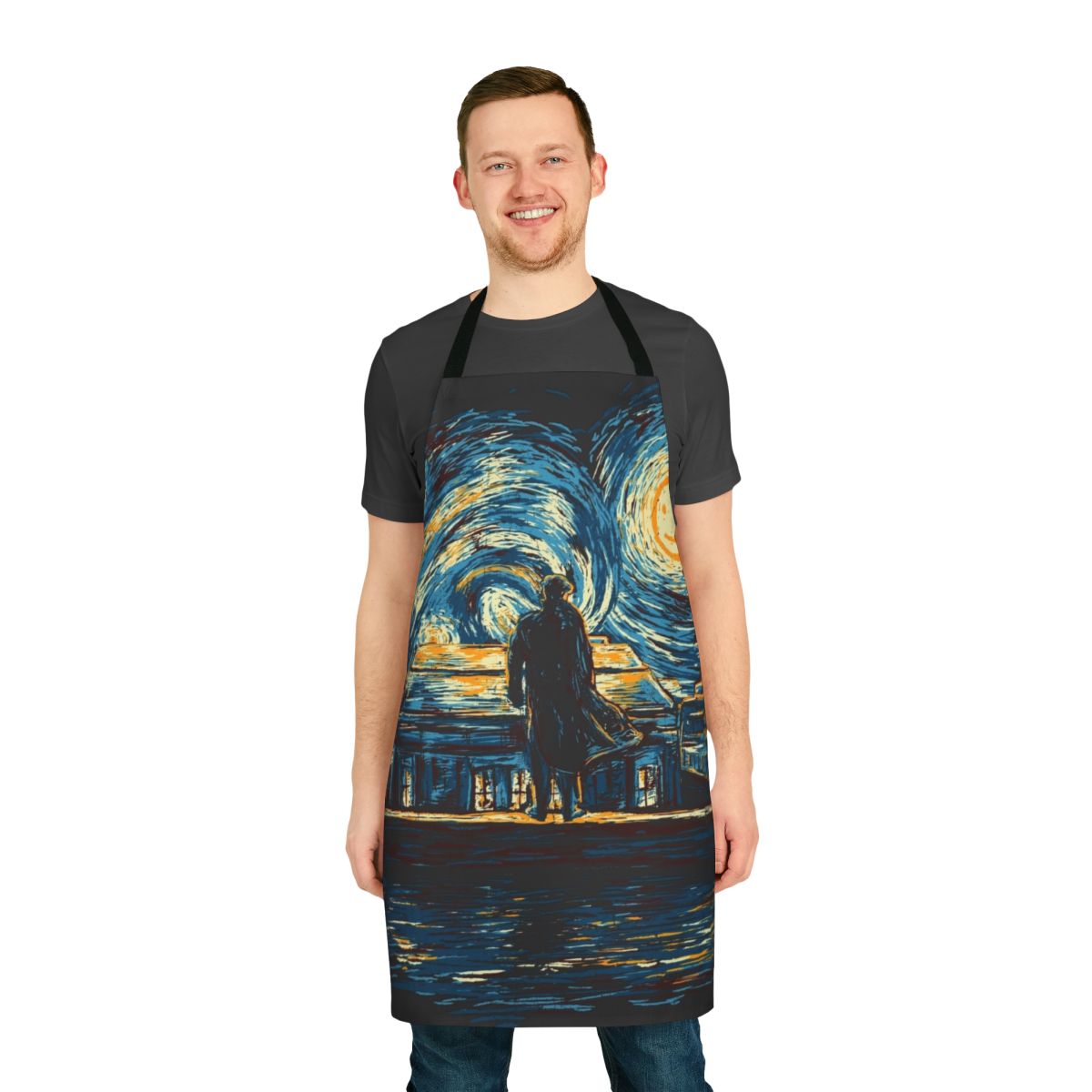 Sherlock-themed apron featuring a starry night design inspired by the artwork of Van Gogh