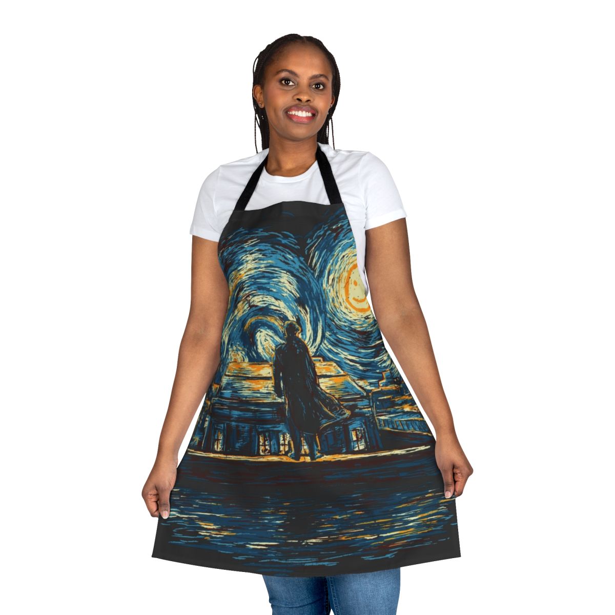 Sherlock-themed apron featuring a starry night design inspired by the artwork of Van Gogh