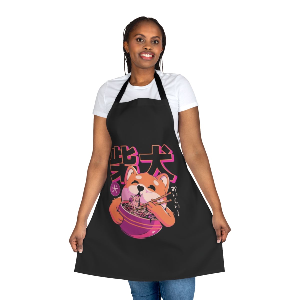 Shiba-inspired noodle print apron featuring a playful Japanese dog design