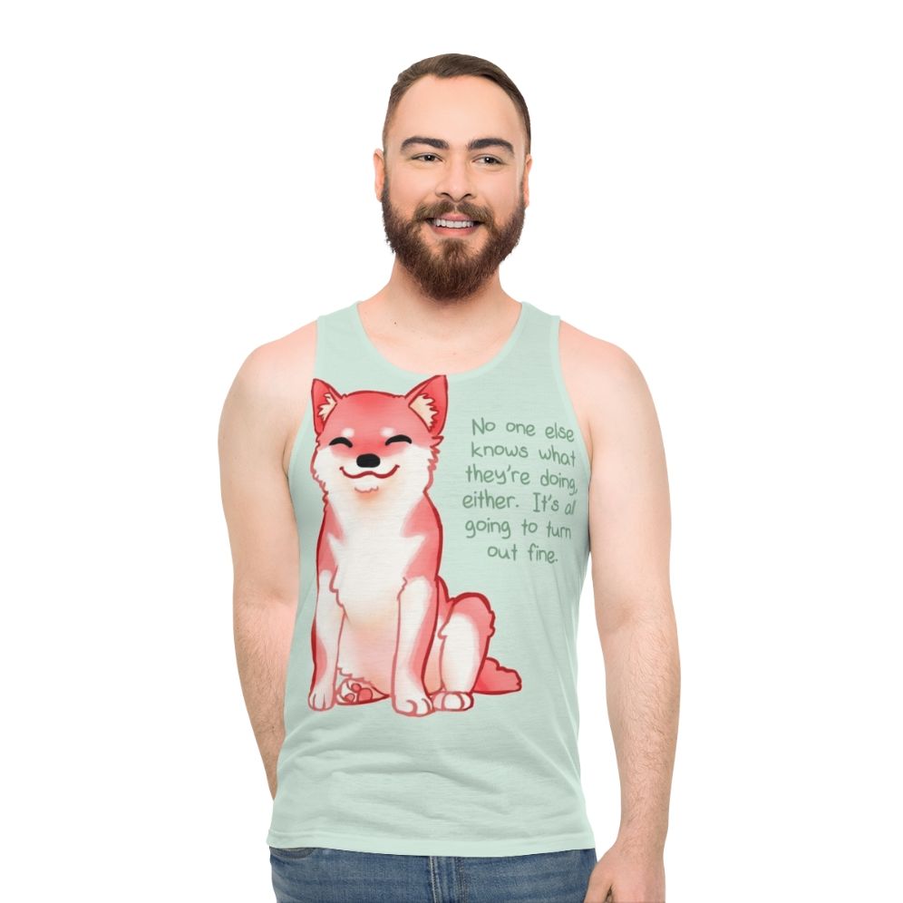Shiba Inu unisex tank top with motivational "No One Knows What They're Doing" text