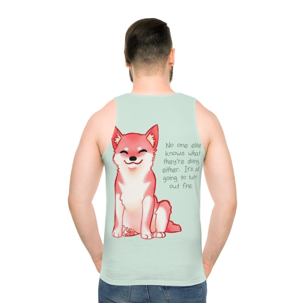 Shiba Inu unisex tank top with motivational "No One Knows What They're Doing" text