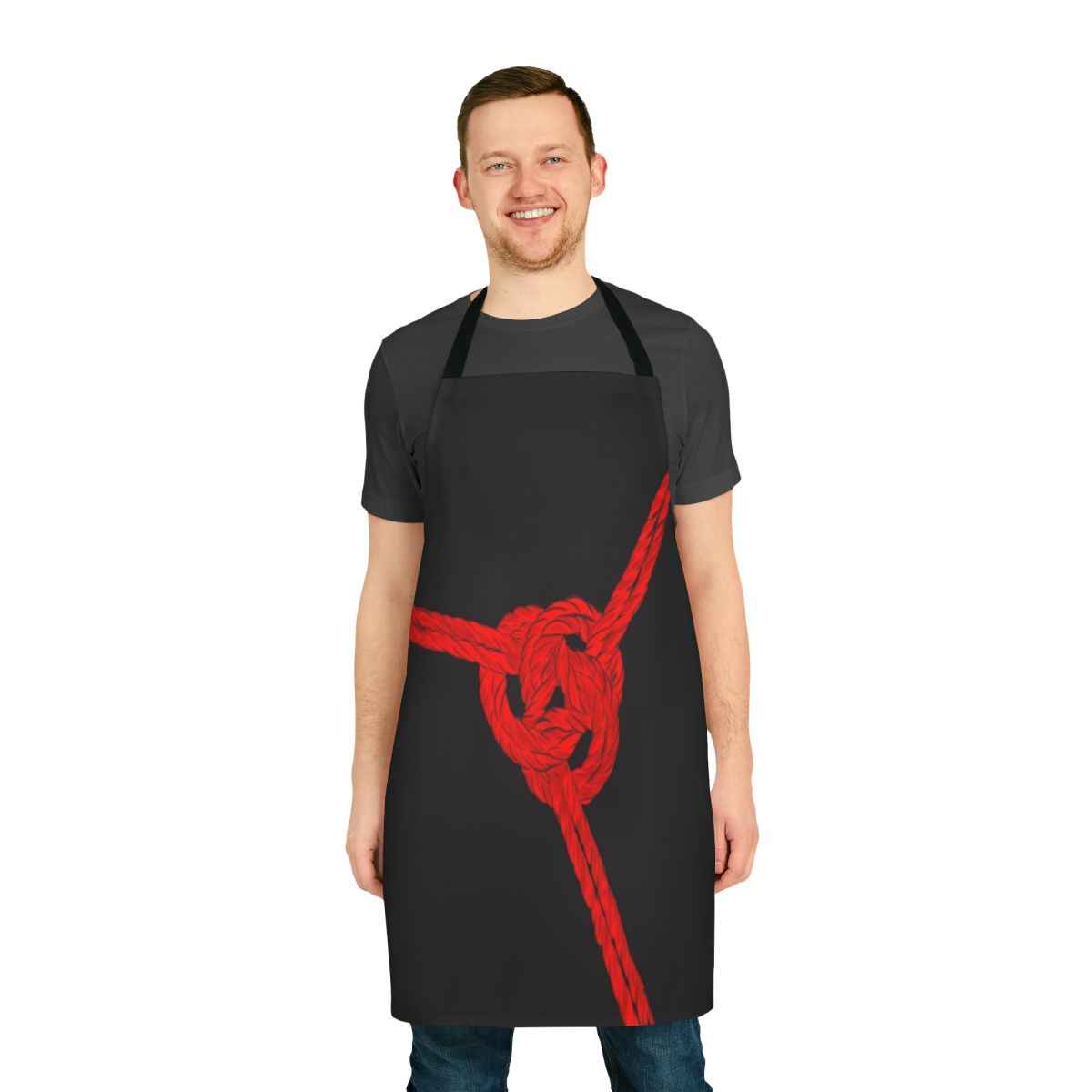 Shibari-inspired red apron with rope detailing