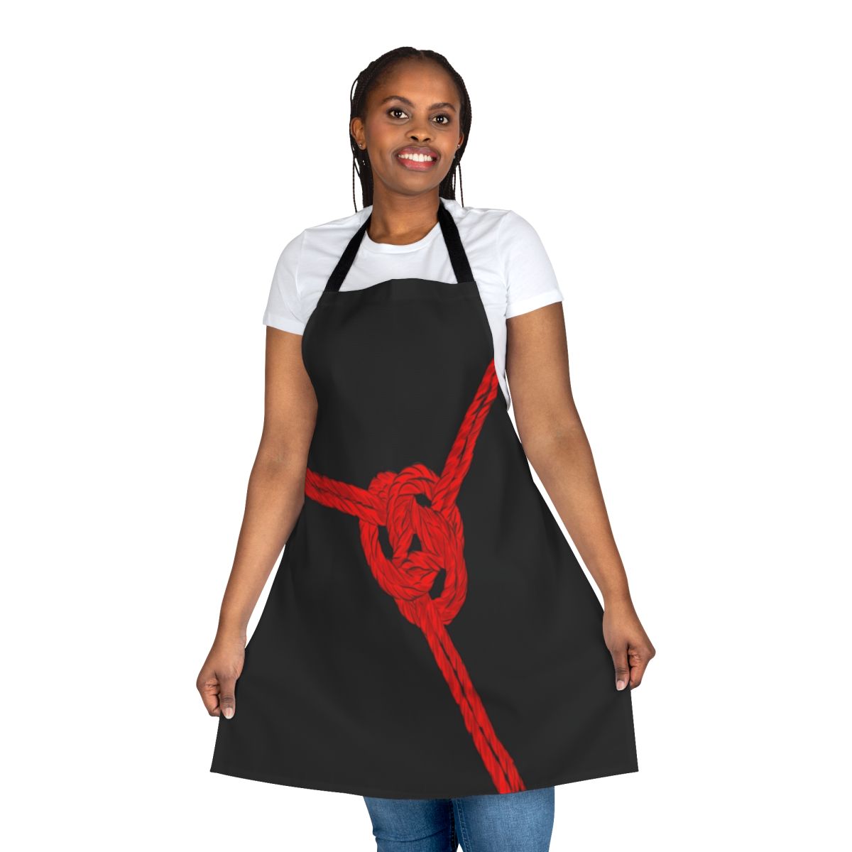 Shibari-inspired red apron with rope detailing
