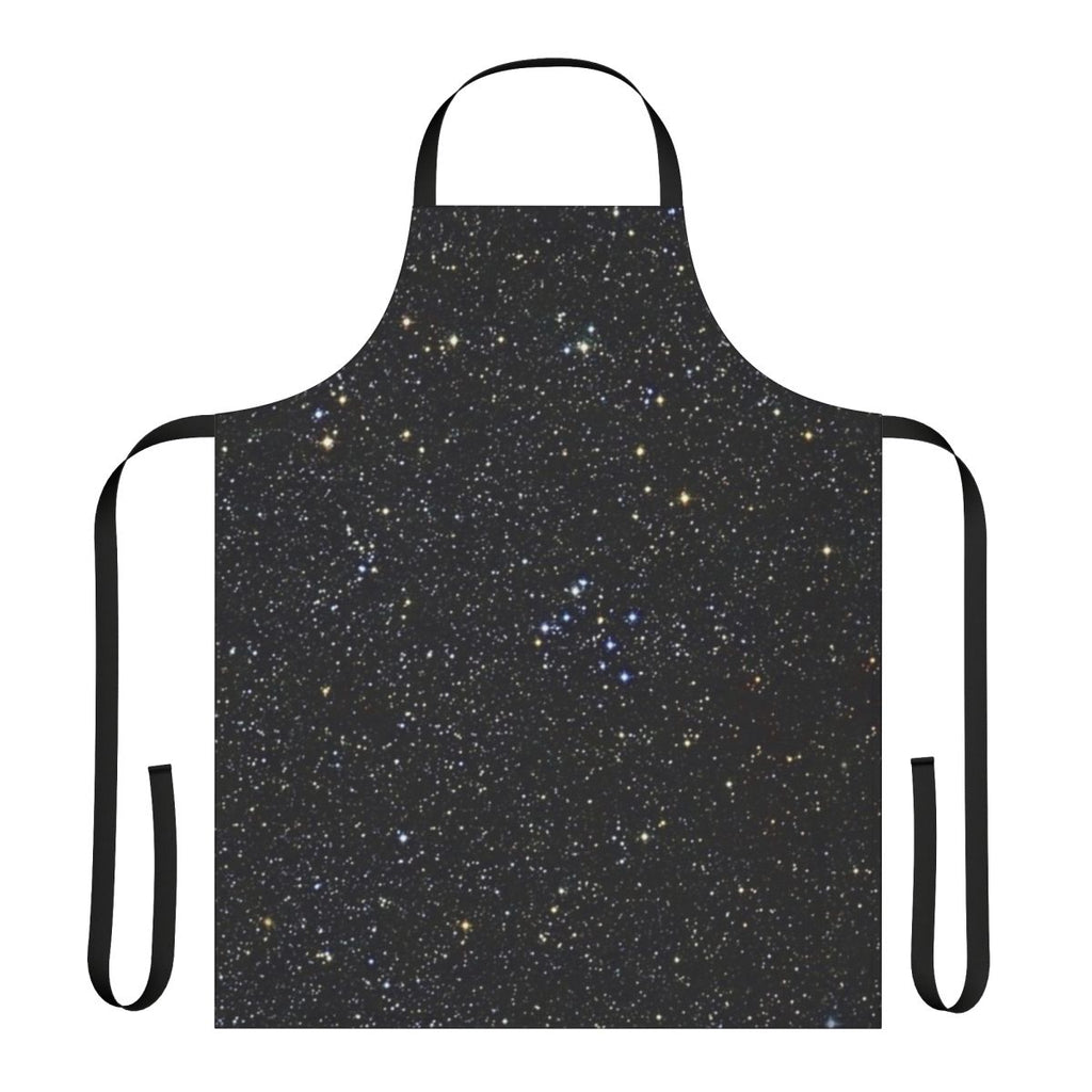 A stylish black apron with a shimmering glittery design, featuring a starry night sky pattern.