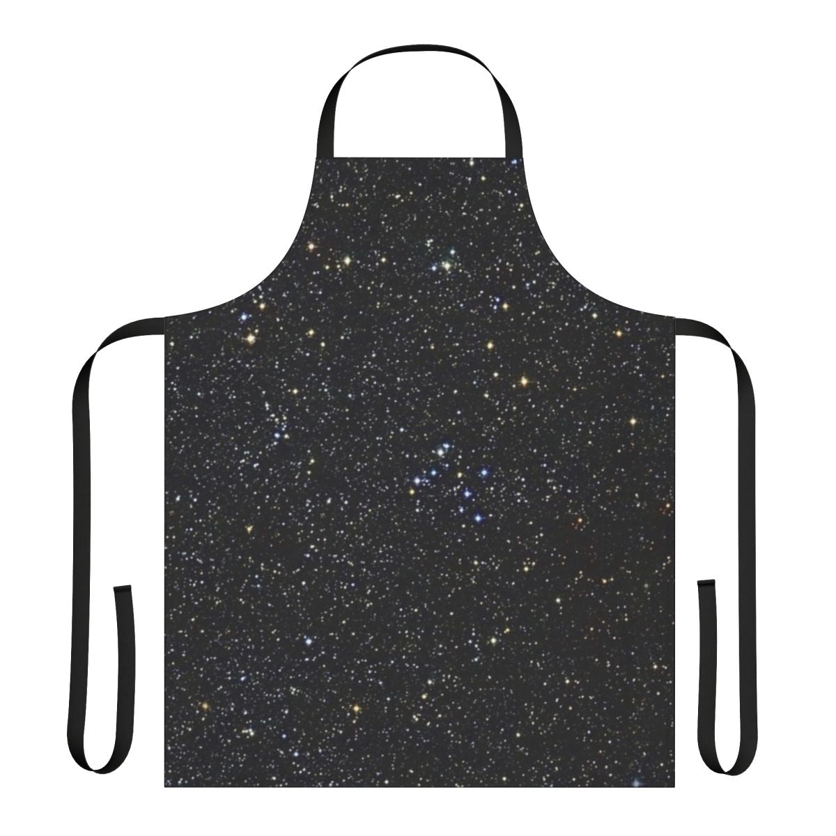 A stylish black apron with a shimmering glittery design, featuring a starry night sky pattern.