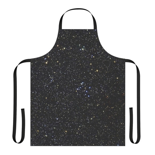 A stylish black apron with a shimmering glittery design, featuring a starry night sky pattern.