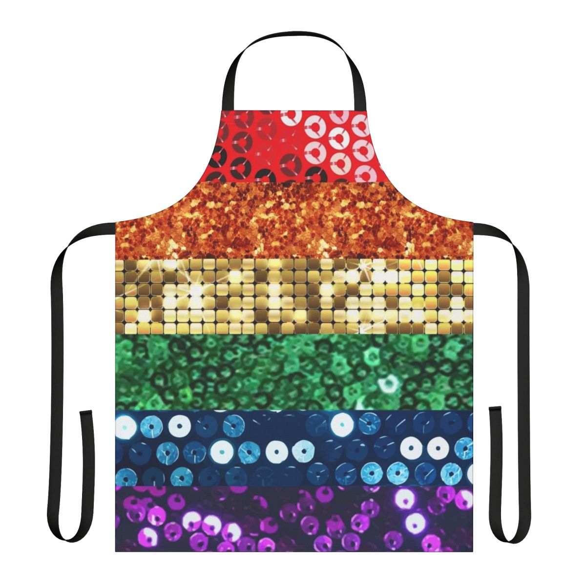 Shimmering rainbow pride flag design printed on a high-quality apron