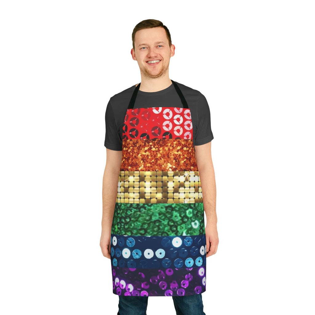 Shimmering rainbow pride flag design printed on a high-quality apron