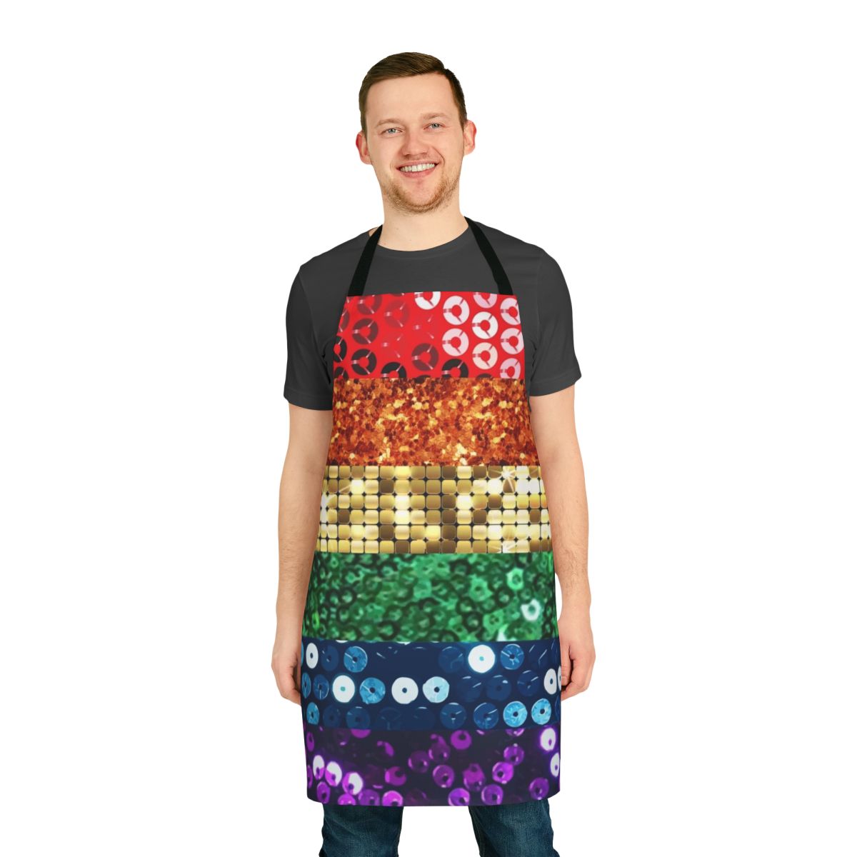 Shimmering rainbow pride flag design printed on a high-quality apron