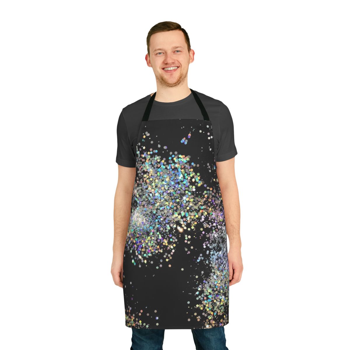 Black and multicolor sequin faux apron with a shimmering, glittery design