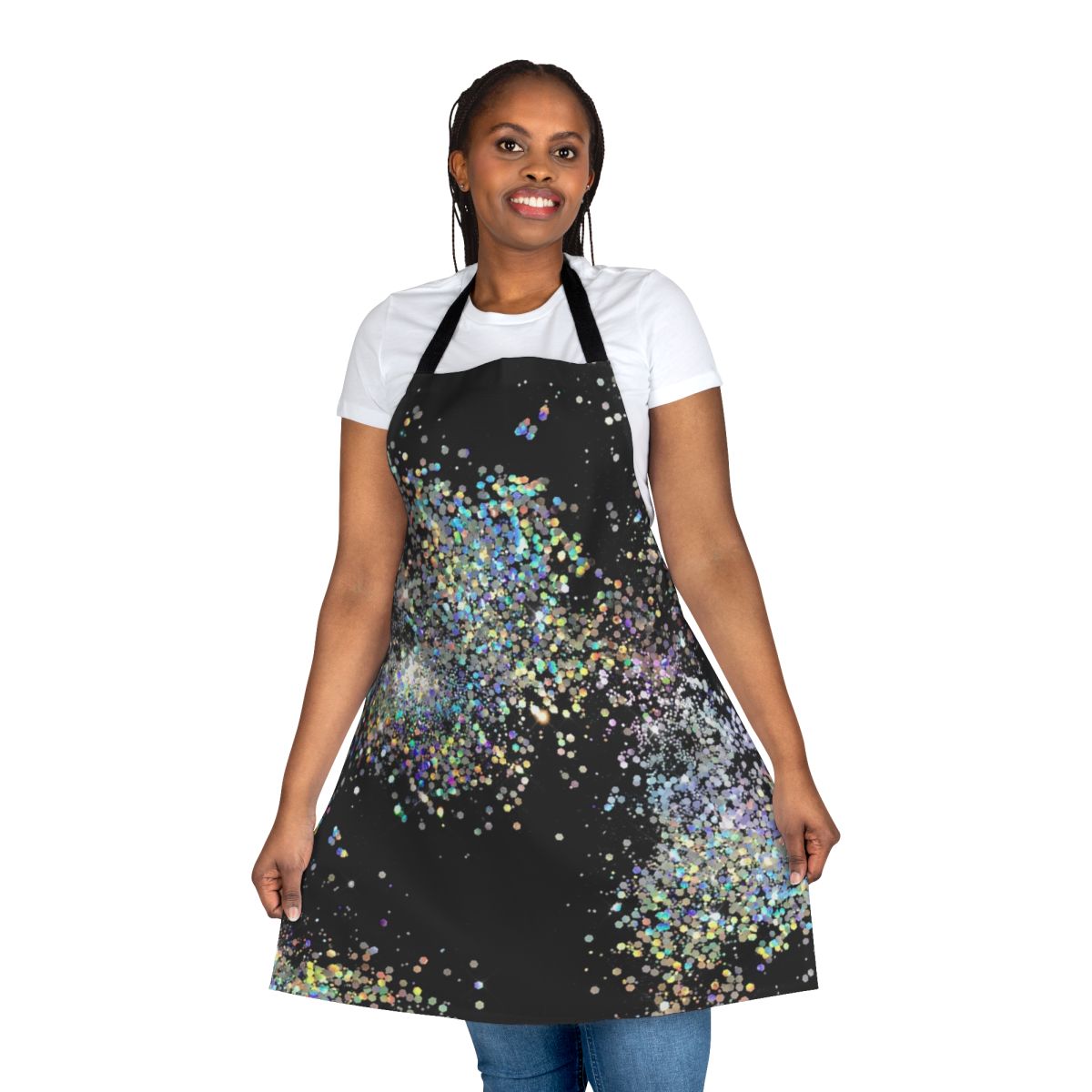 Black and multicolor sequin faux apron with a shimmering, glittery design