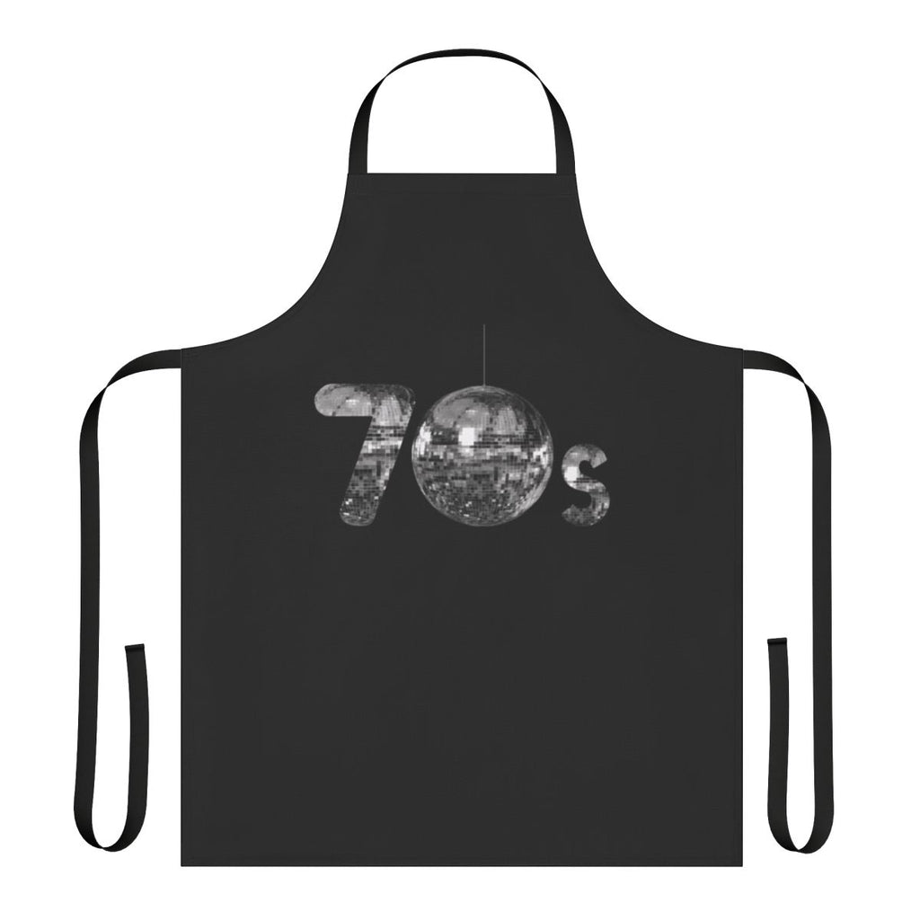 Shimmering silver disco ball graphic on a black apron