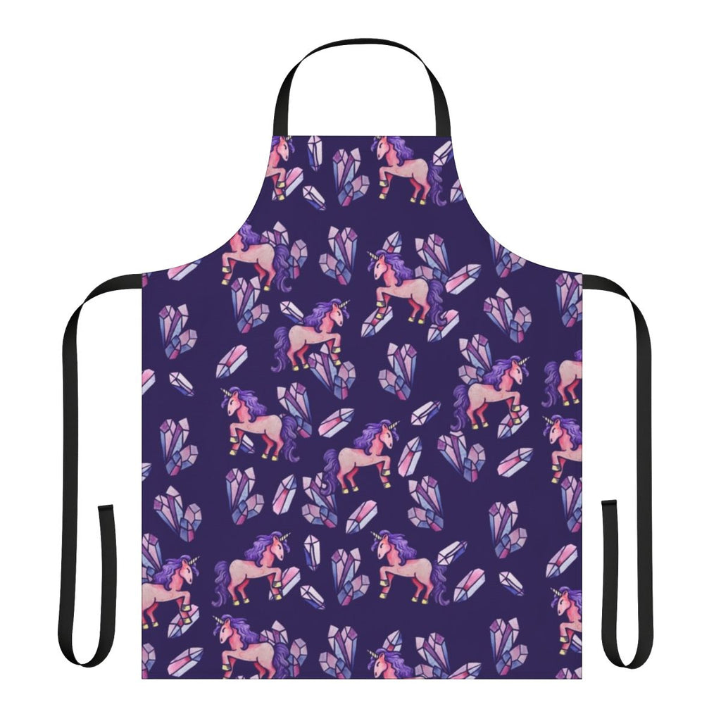 A beautiful apron featuring a whimsical unicorn design with shimmering crystals and a magical, iridescent appearance.