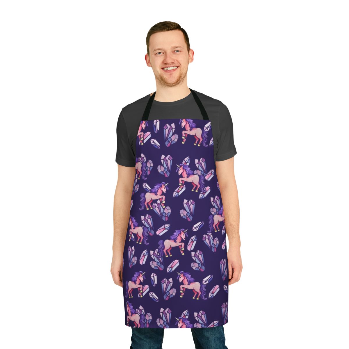 A beautiful apron featuring a whimsical unicorn design with shimmering crystals and a magical, iridescent appearance.