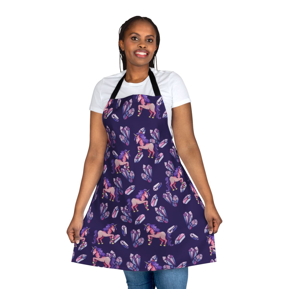 A beautiful apron featuring a whimsical unicorn design with shimmering crystals and a magical, iridescent appearance.