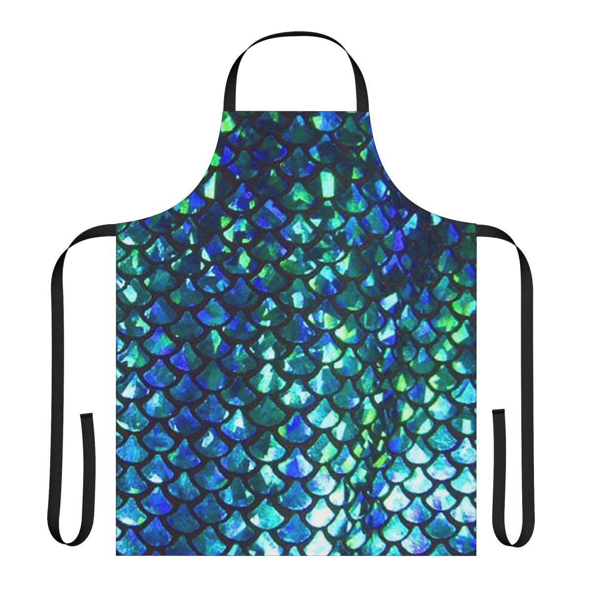 Woman wearing a turquoise and shimmery apron with a mermaid fish scale design