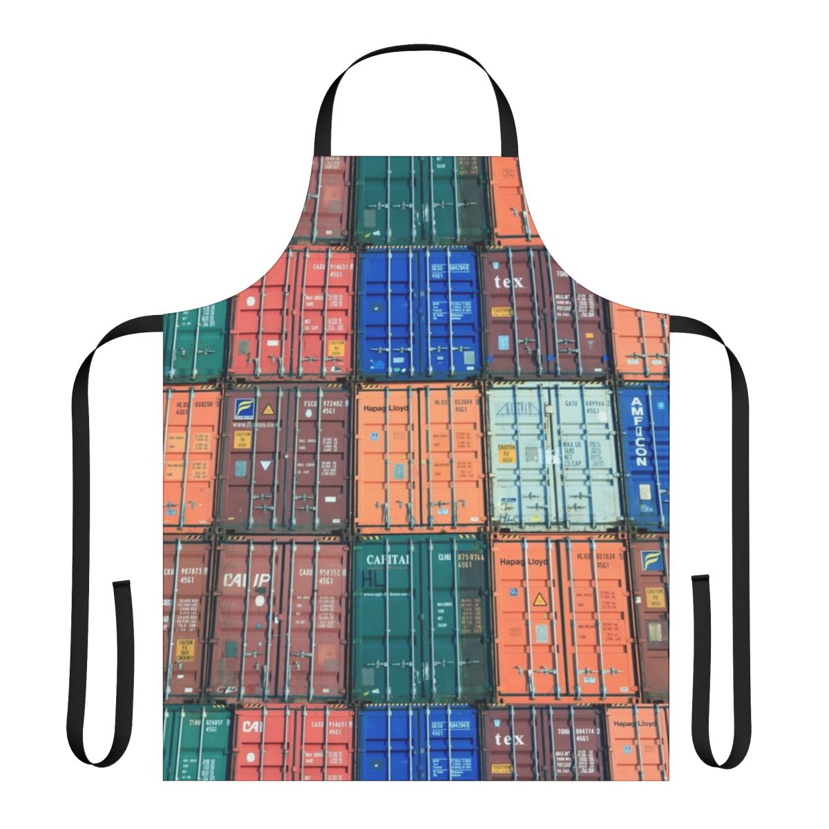 A colorful apron featuring shipping containers, perfect for transport workers, movers, and freight enthusiasts.