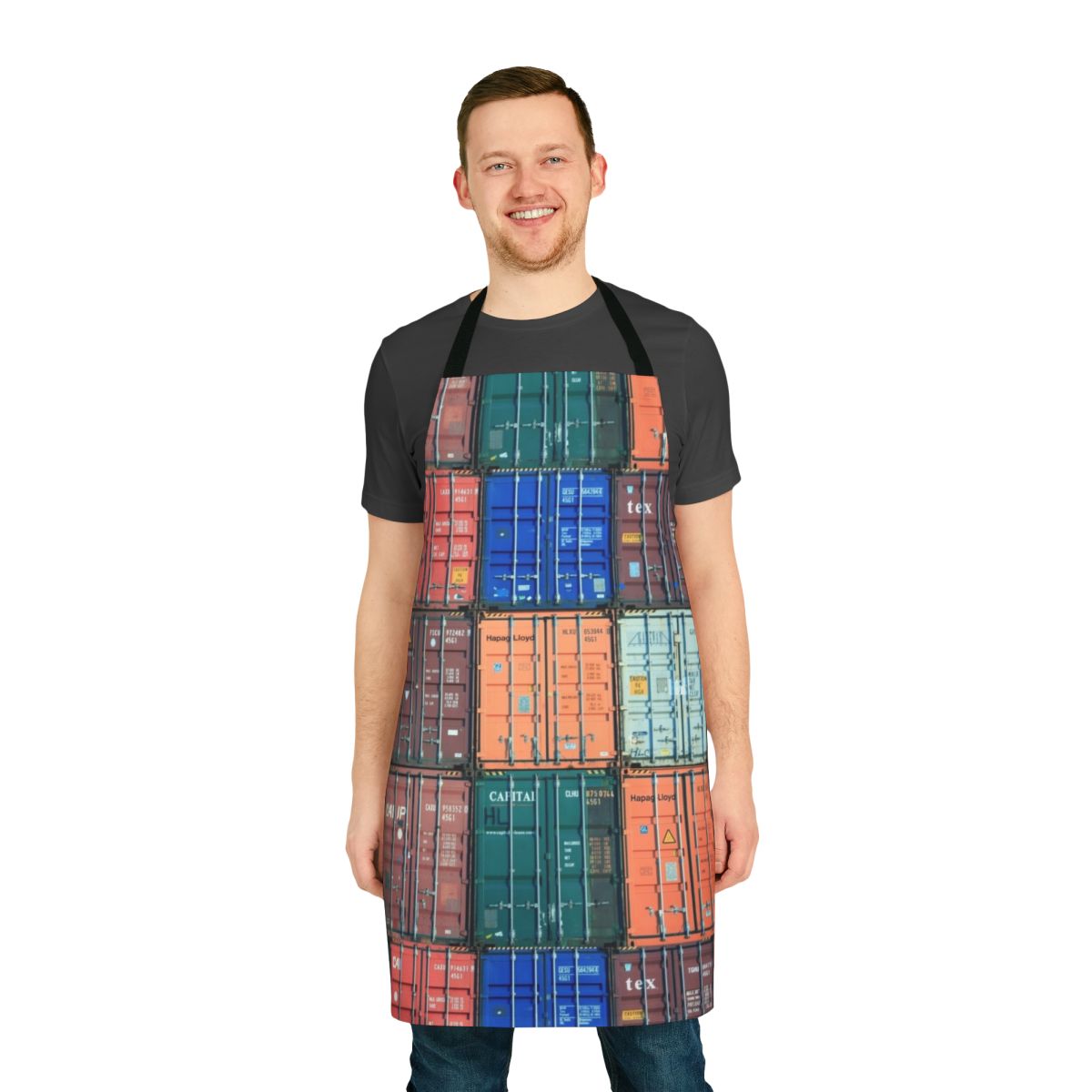 A colorful apron featuring shipping containers, perfect for transport workers, movers, and freight enthusiasts.