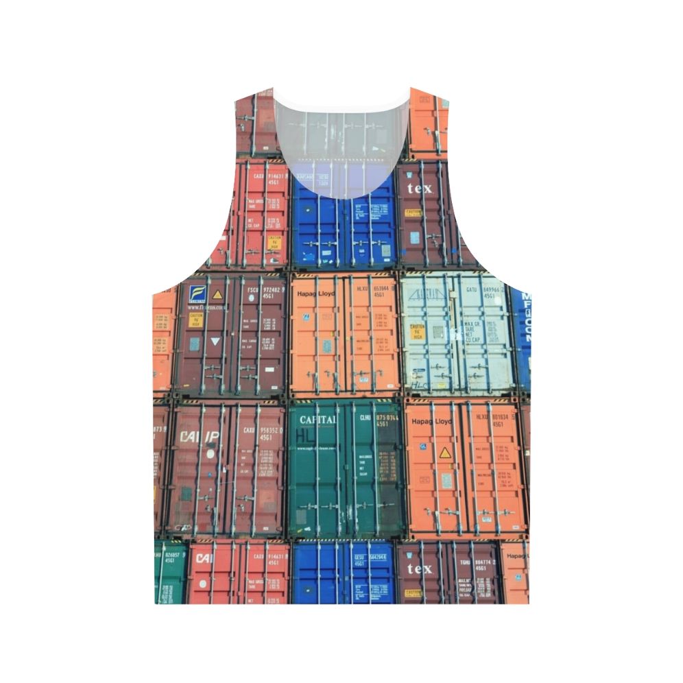 Unisex tank top featuring a shipping container design