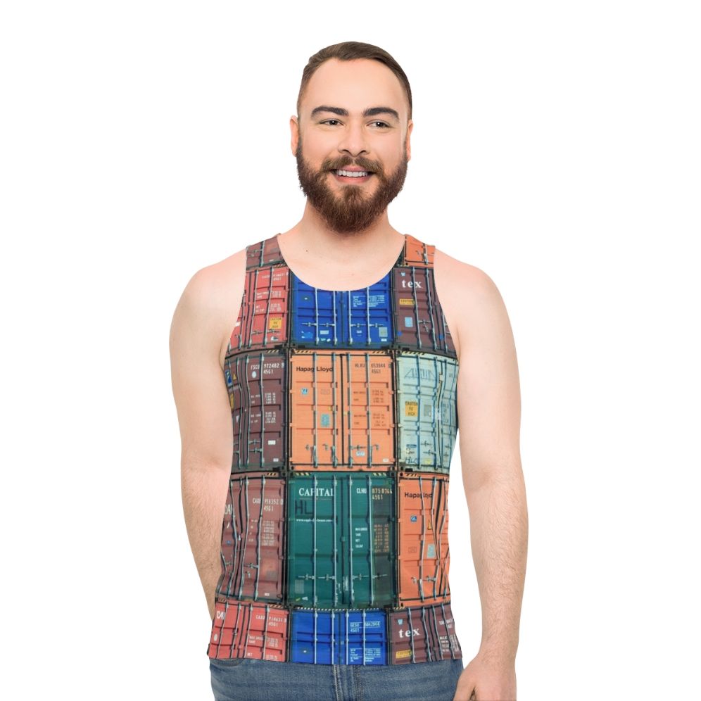 Unisex tank top featuring a shipping container design