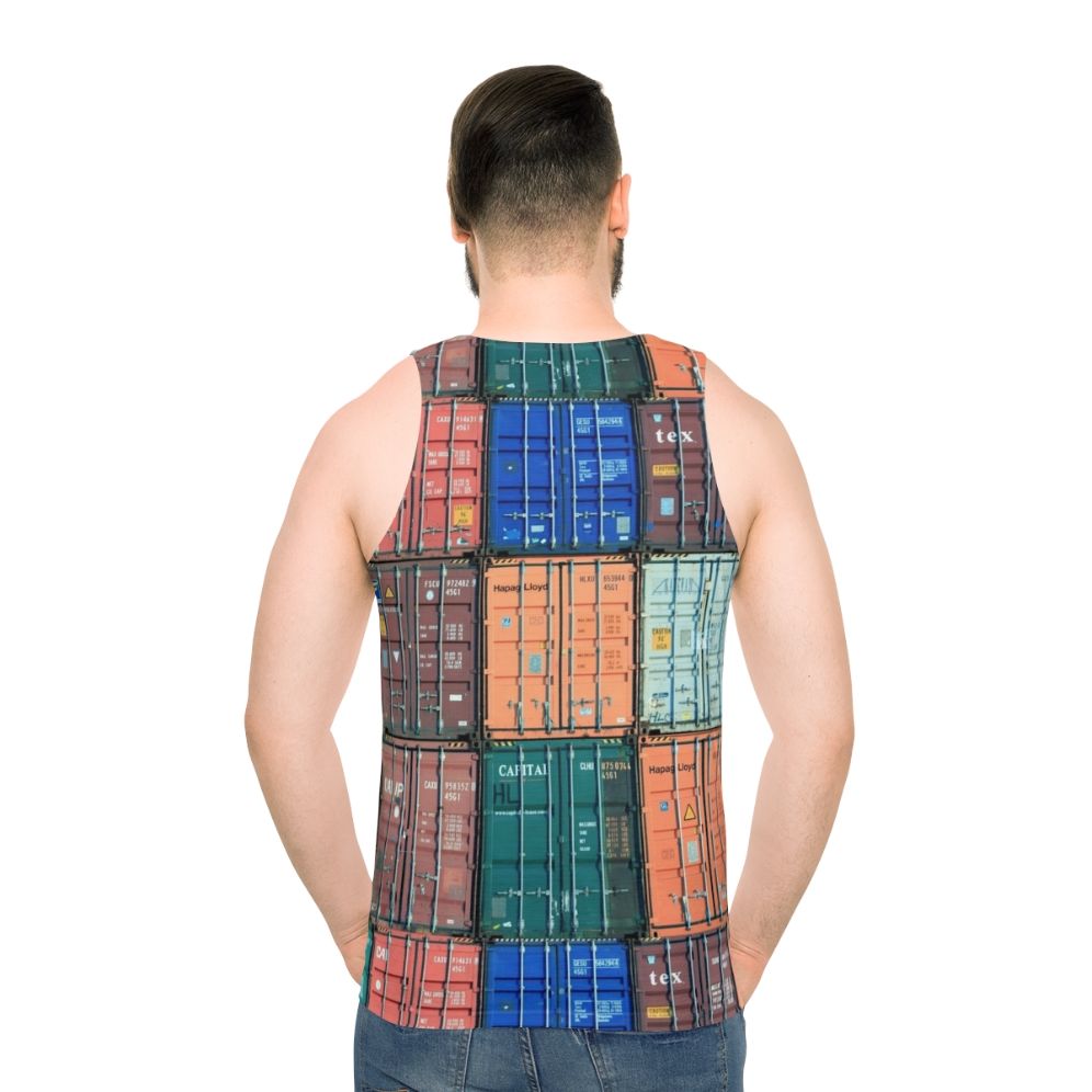 Unisex tank top featuring a shipping container design