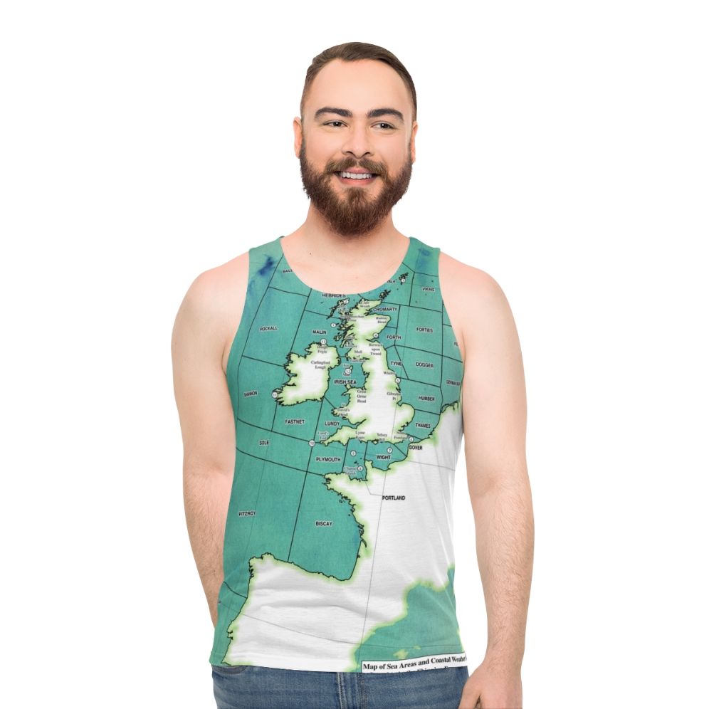 Unisex tank top featuring a shipping forecast map design