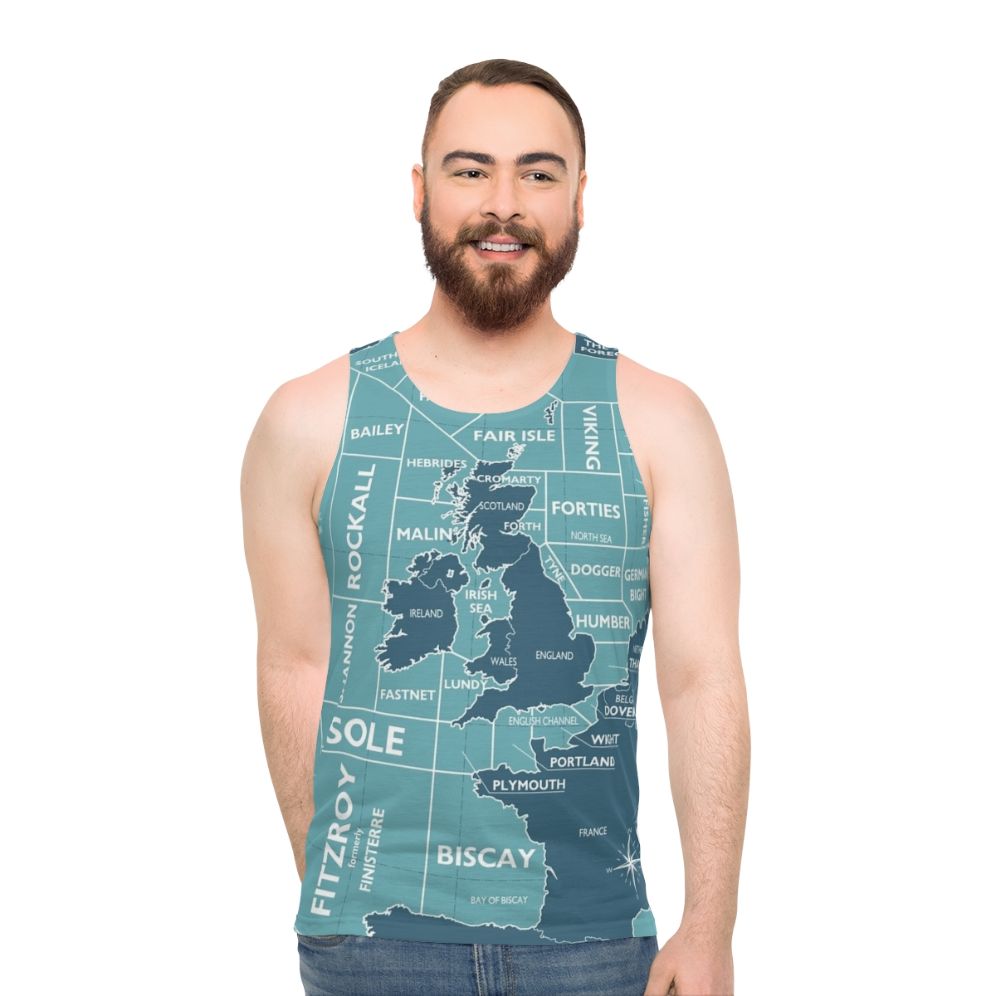 Unisex tank top with shipping forecast regions design