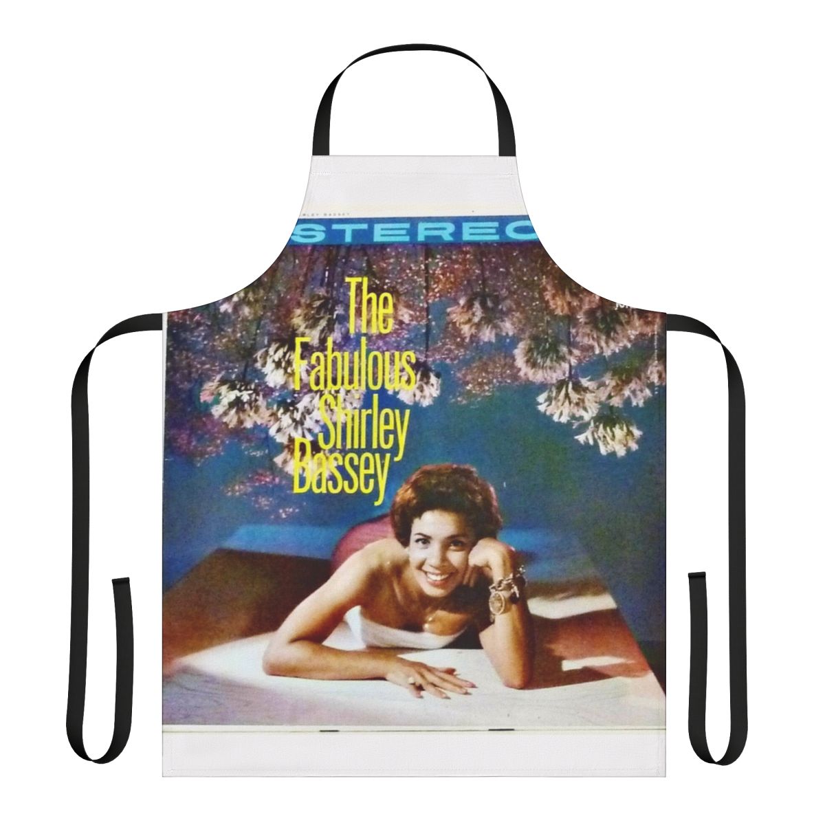 Stylish 1960s-inspired apron featuring a retro graphic of iconic singer Shirley Bassey