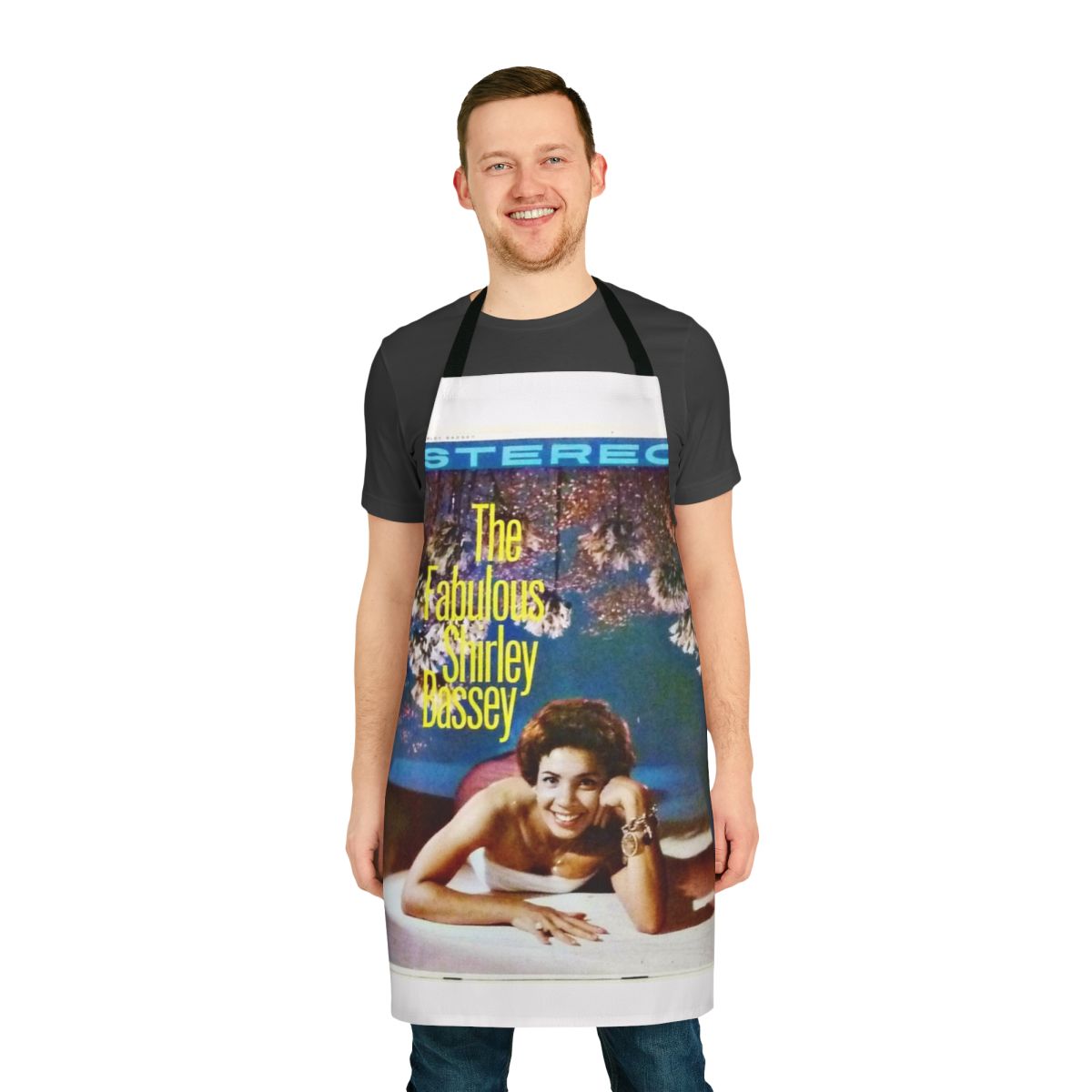 Stylish 1960s-inspired apron featuring a retro graphic of iconic singer Shirley Bassey