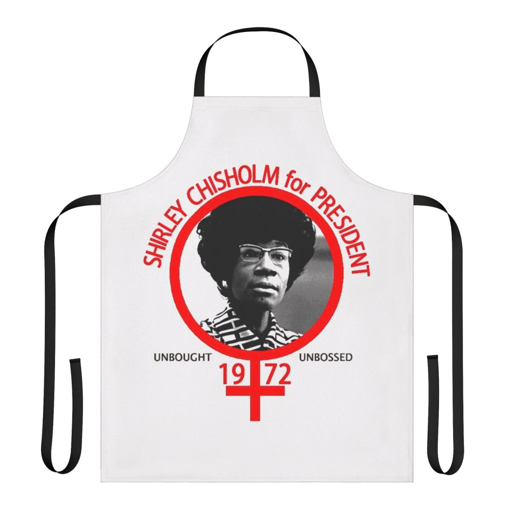 Shirley Chisholm inspired kitchen apron with a pop art design, featuring the text "Shirley Chisholm for President."
