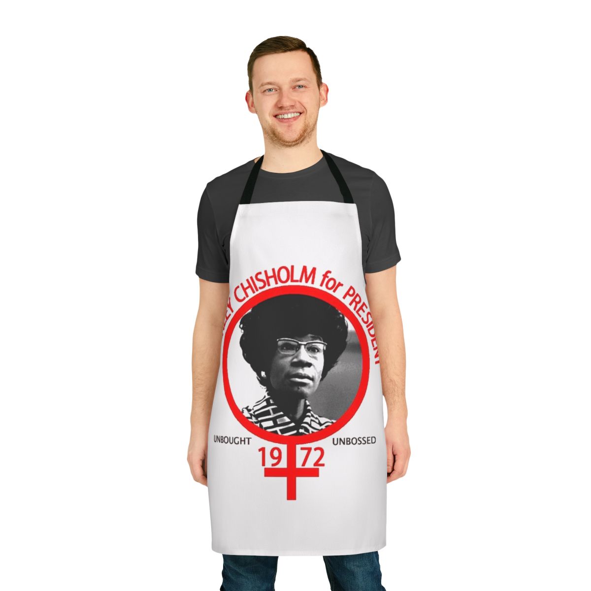 Shirley Chisholm inspired kitchen apron with a pop art design, featuring the text "Shirley Chisholm for President."