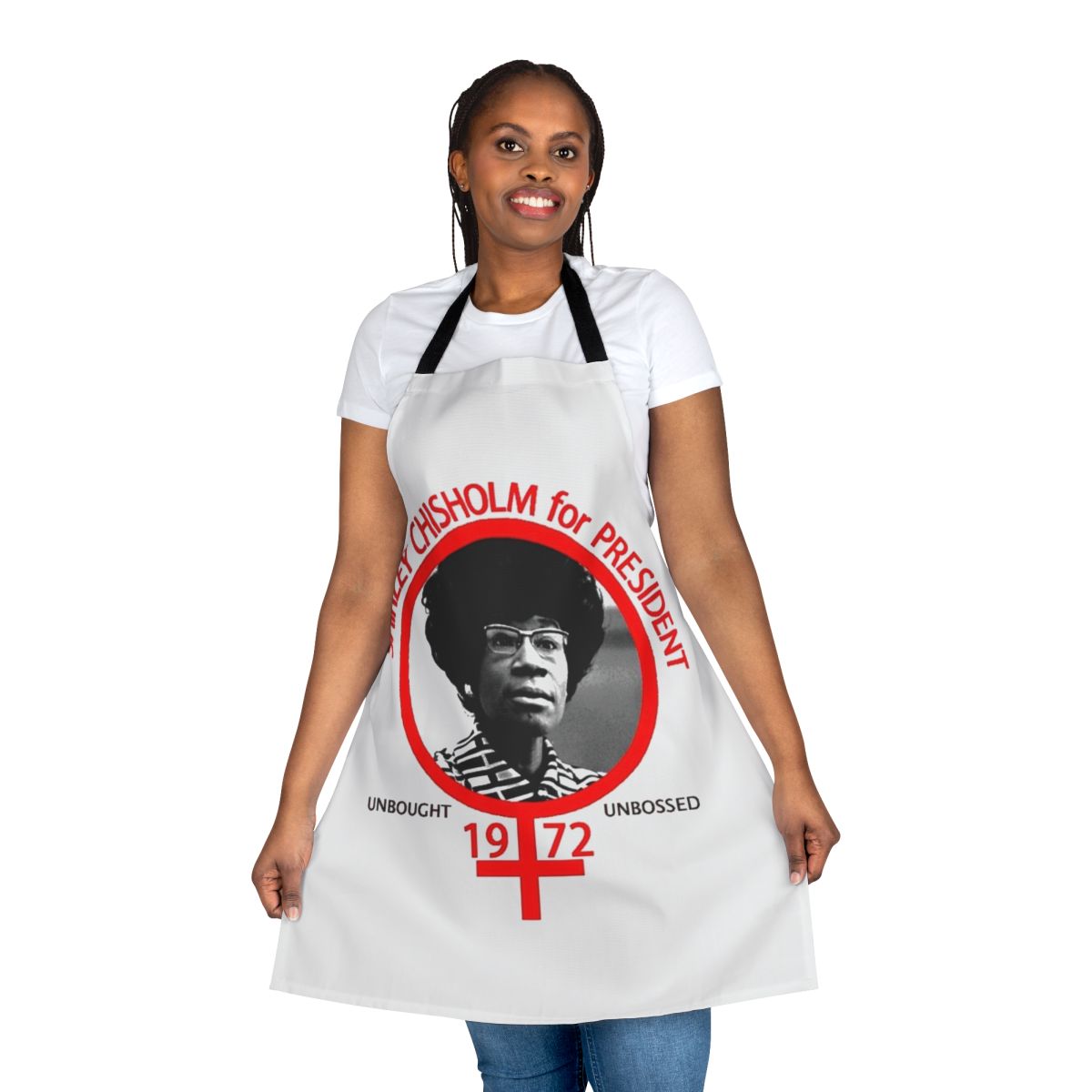 Shirley Chisholm inspired kitchen apron with a pop art design, featuring the text "Shirley Chisholm for President."