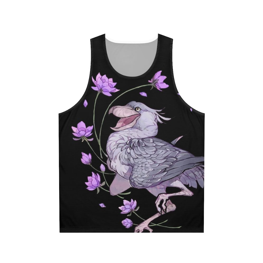Shoebill stork in a floral pattern unisex tank top