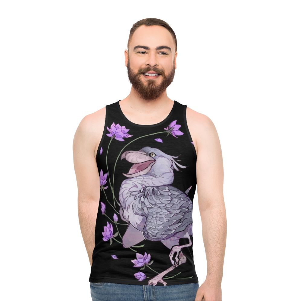 Shoebill stork in a floral pattern unisex tank top