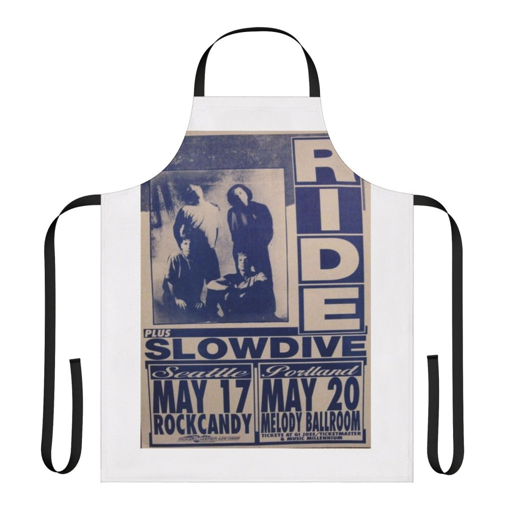 Shoegaze-inspired apron featuring music poster art with bands like Slowdive, Ride, and My Bloody Valentine.