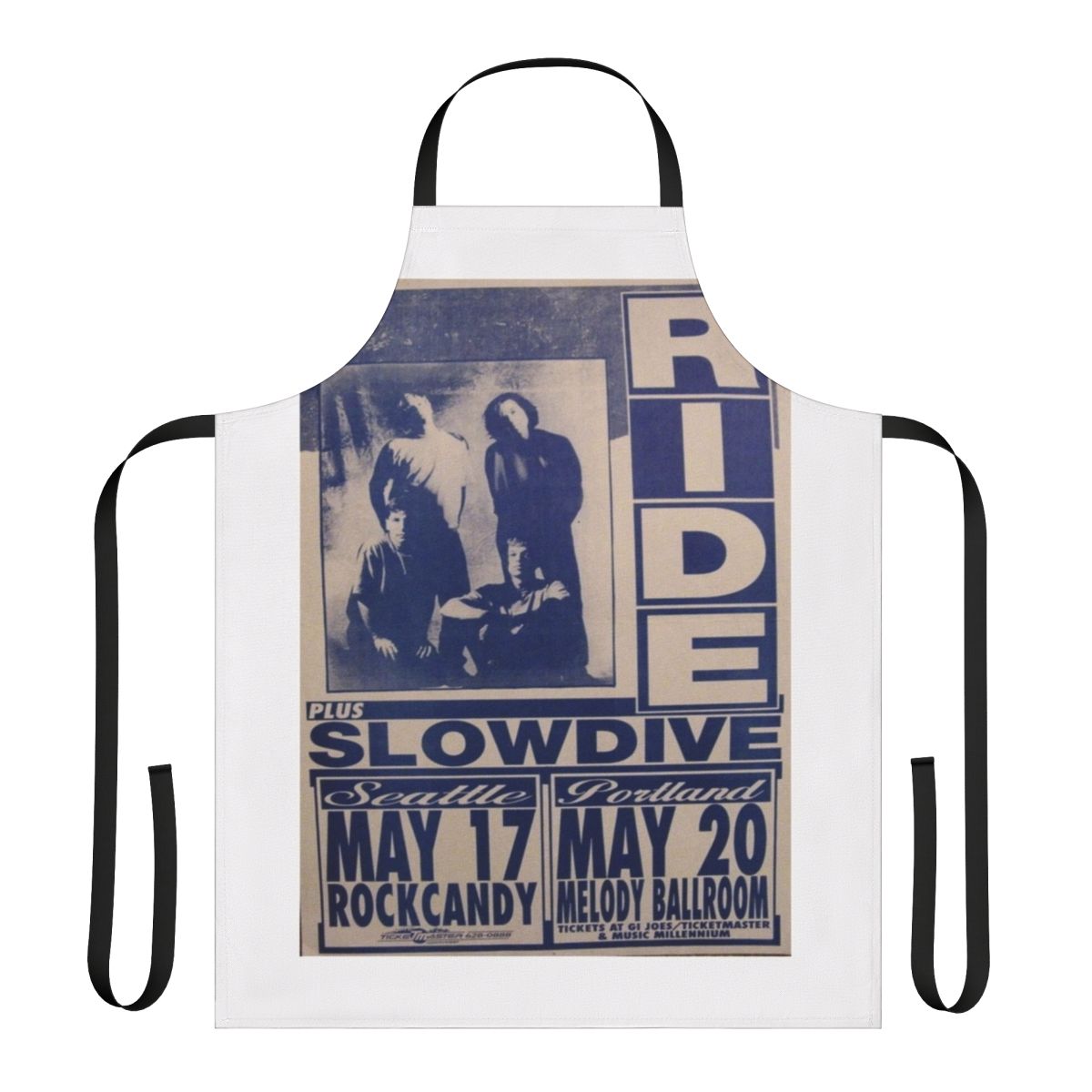 Shoegaze-inspired apron featuring music poster art with bands like Slowdive, Ride, and My Bloody Valentine.