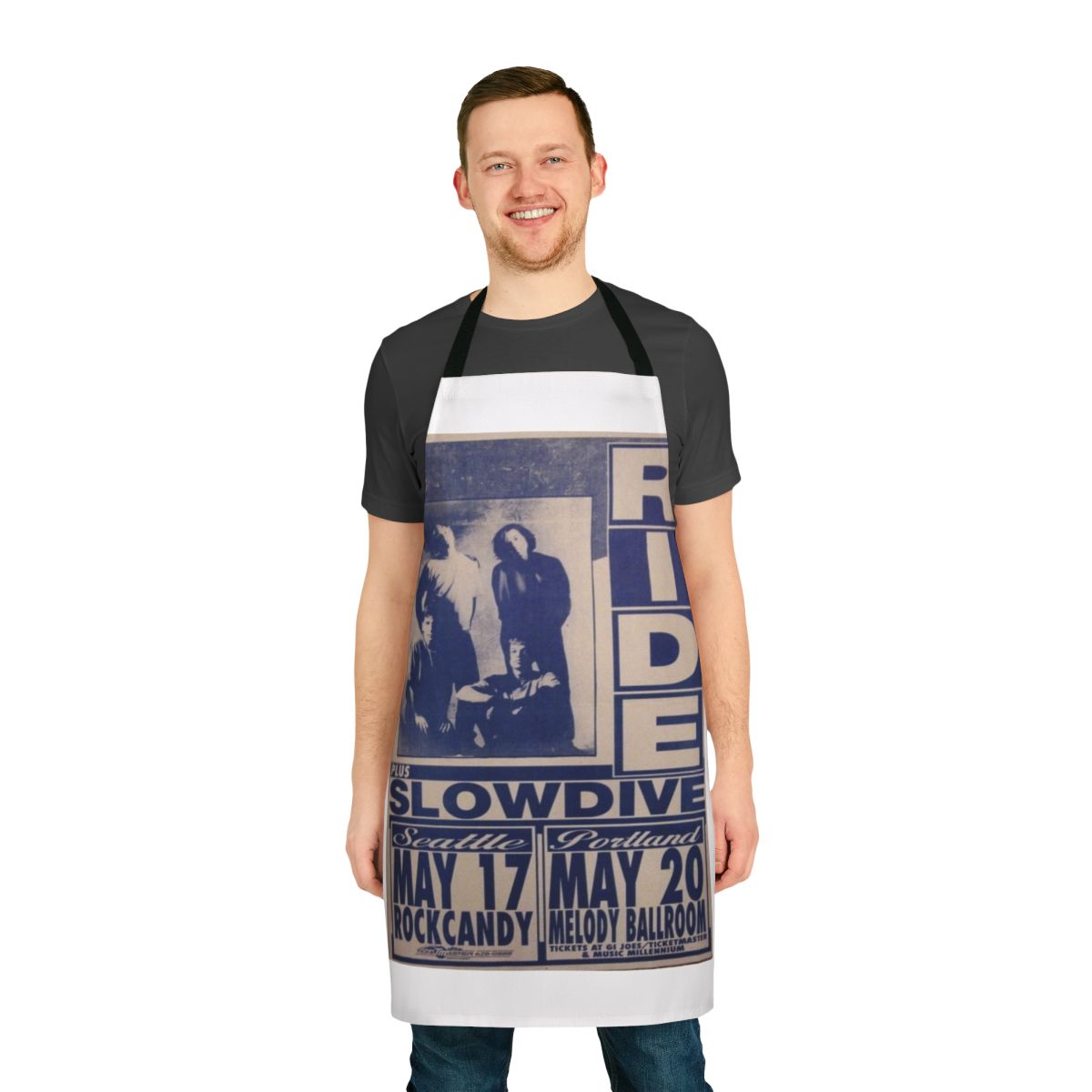 Shoegaze-inspired apron featuring music poster art with bands like Slowdive, Ride, and My Bloody Valentine.