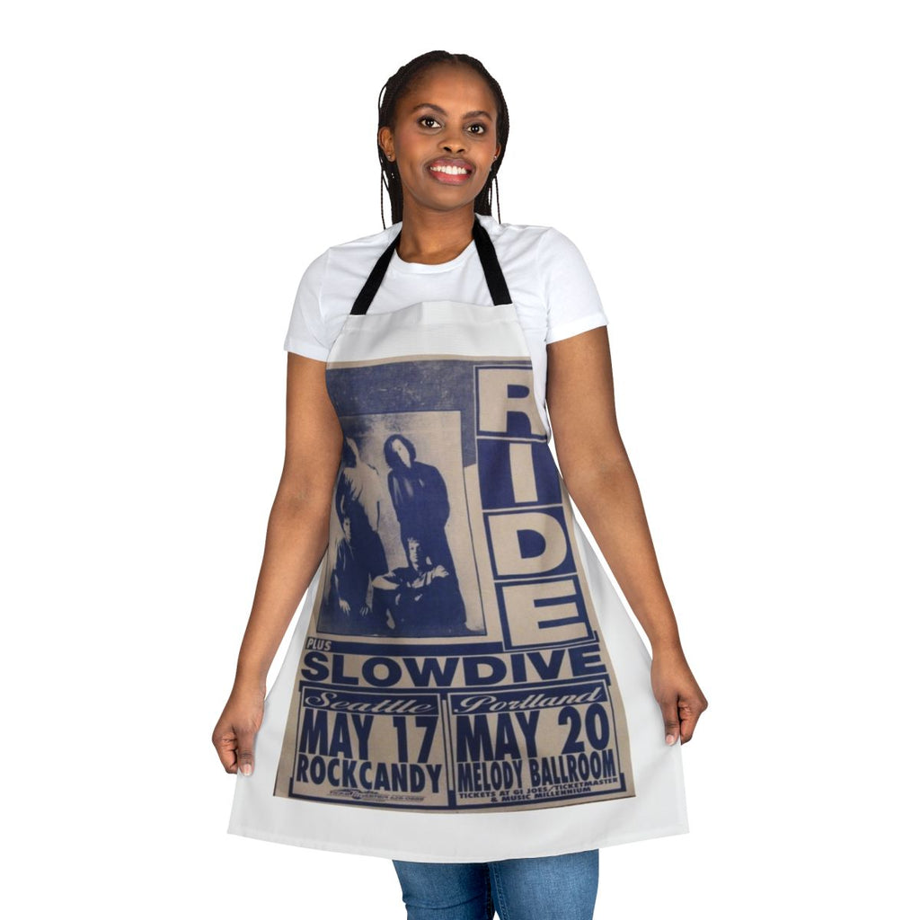 Shoegaze-inspired apron featuring music poster art with bands like Slowdive, Ride, and My Bloody Valentine.